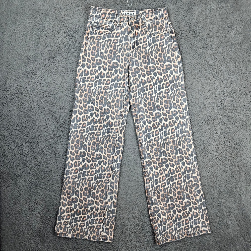 I.AM.GIA Leopard Print Wide Leg Jeans Womens Small Tan Brown Studded High Rise